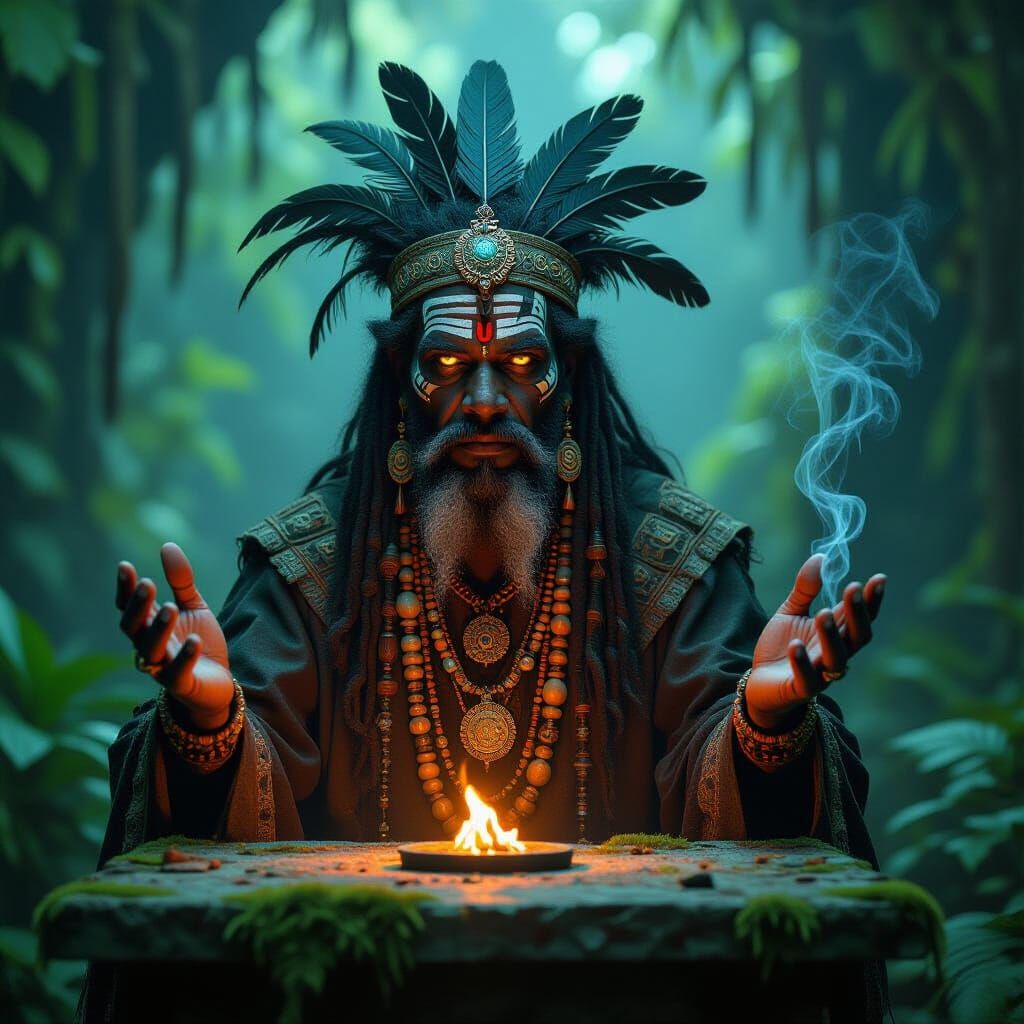 Mystical Moorish Witch Doctor in Jungle Clearing