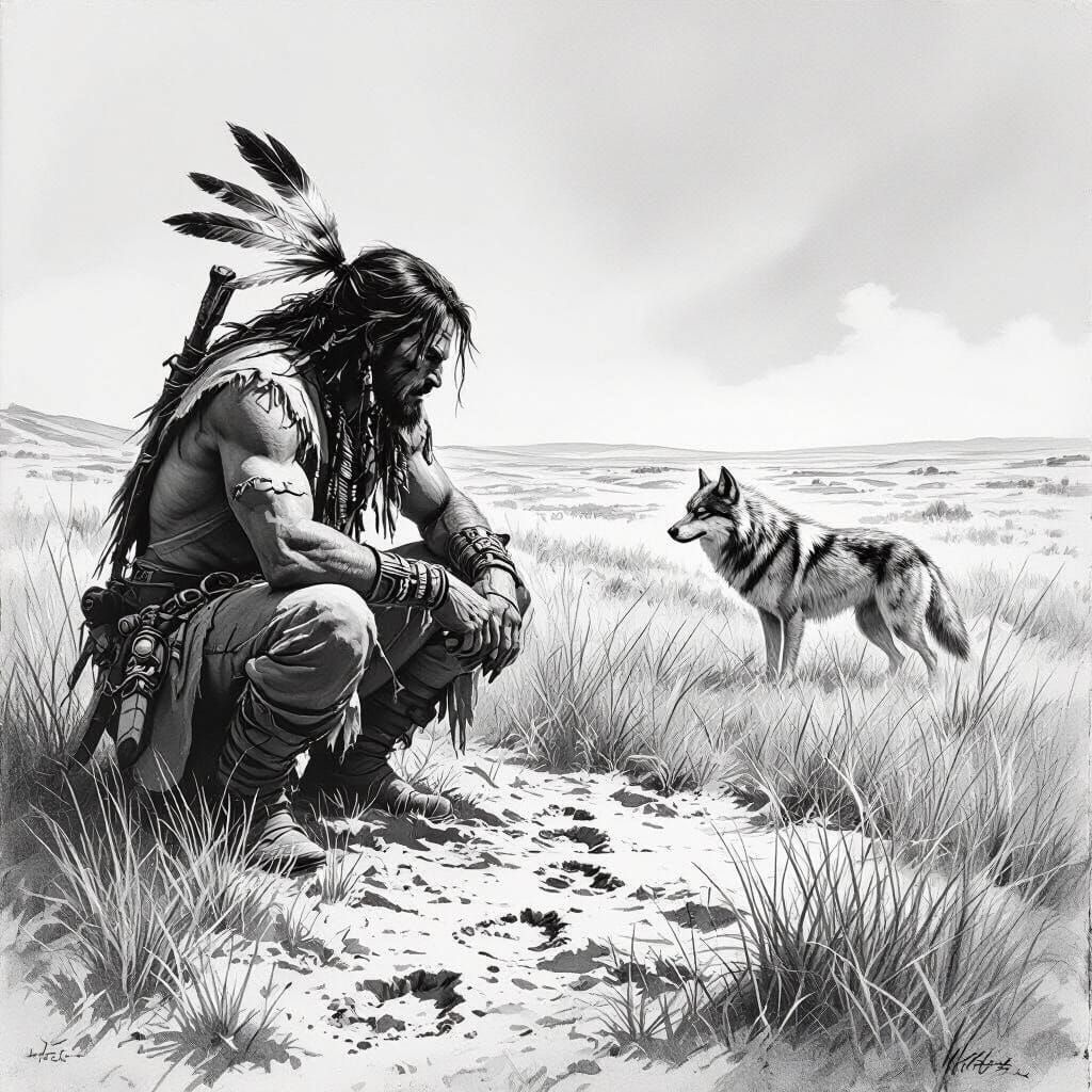Tracker and Wolf Spirit in Grayscale Charcoal Drawing