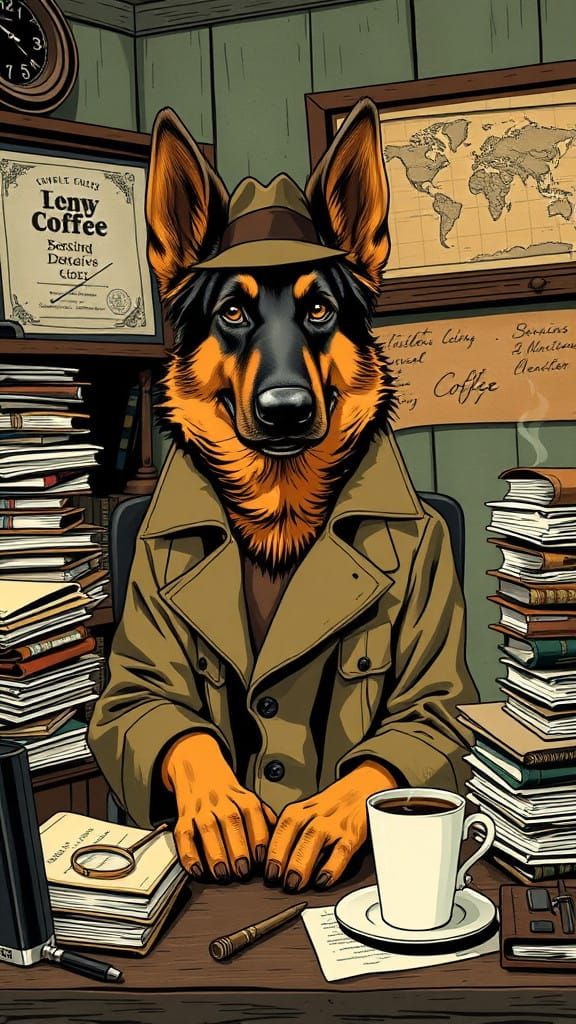 Whimsical German Shepherd Detective in Vintage-Inspired Sett...
