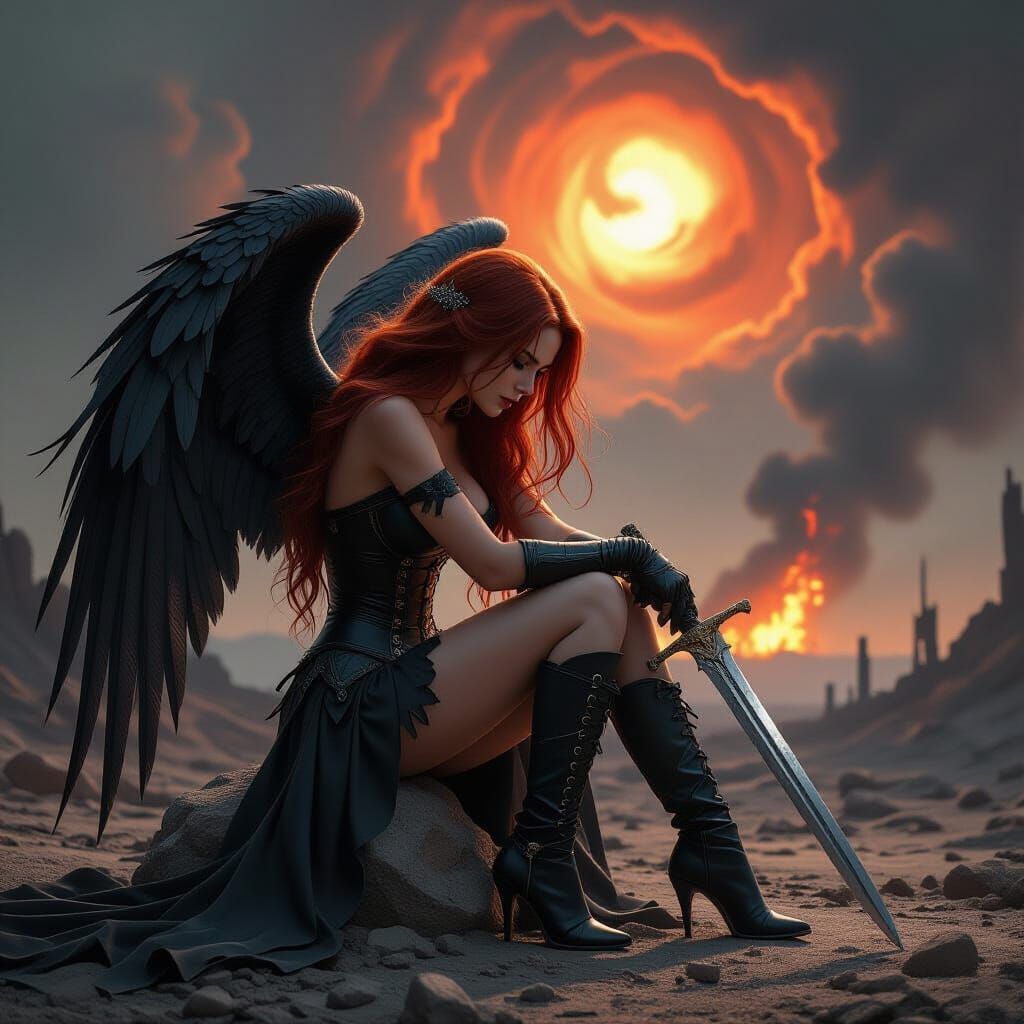 Fallen Angel in War-Torn Landscape: Dark Fantasy Art