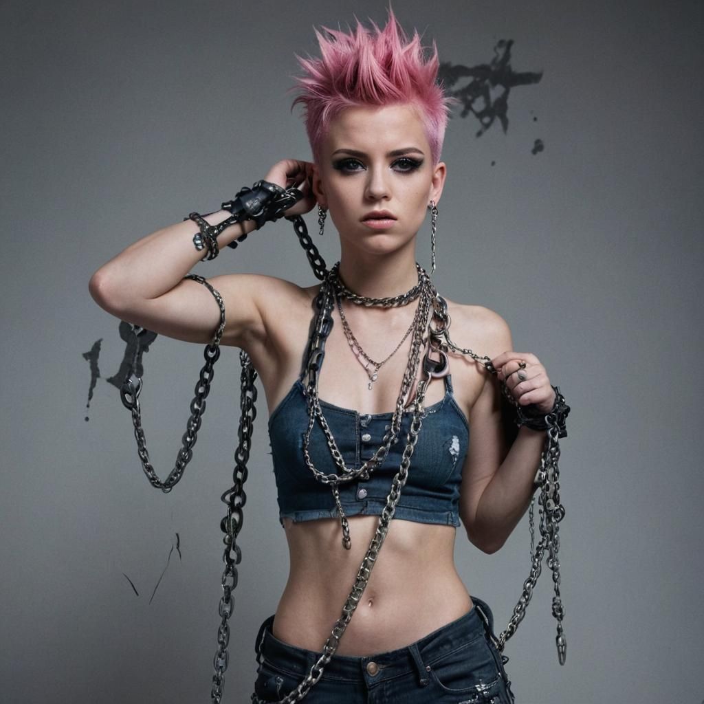 Woman with Pink Hair and Chains in Dark Surrealism