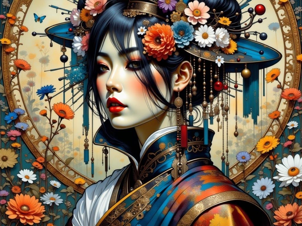 Irish Shogun in Futuristic Armor with Cats in Cabin