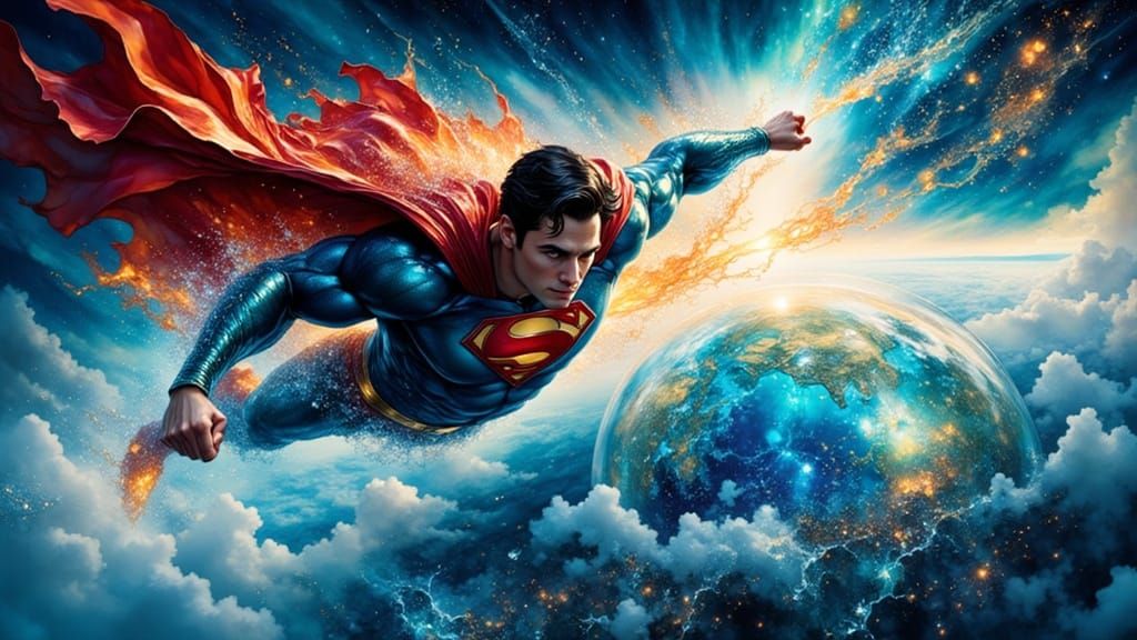 Superman Blazing Through Atmosphere with Ice Crystals