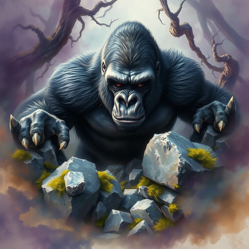 Create a 4K 3D optical illusion with a majestic gorilla breaking out of the rock and stones, The rock was its prison, bu...
