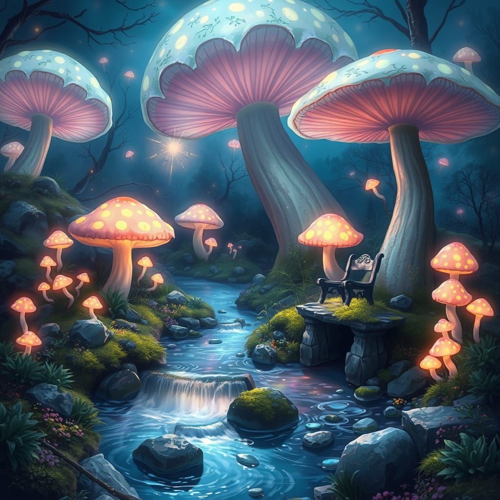 A magical, bioluminescent garden at night, where oversized, ...