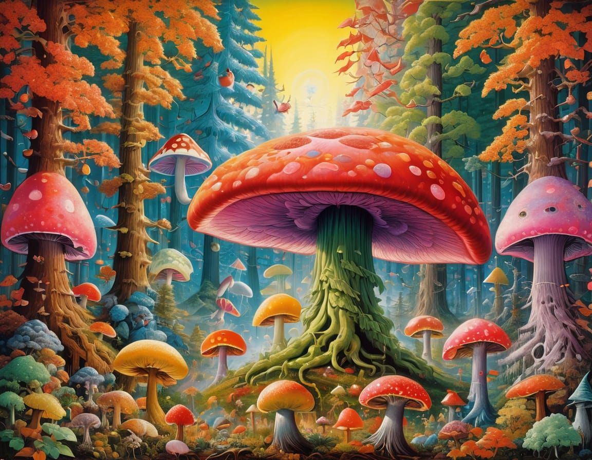 Surreal Autumn Forest Dance with Ethereal Fungal Growths