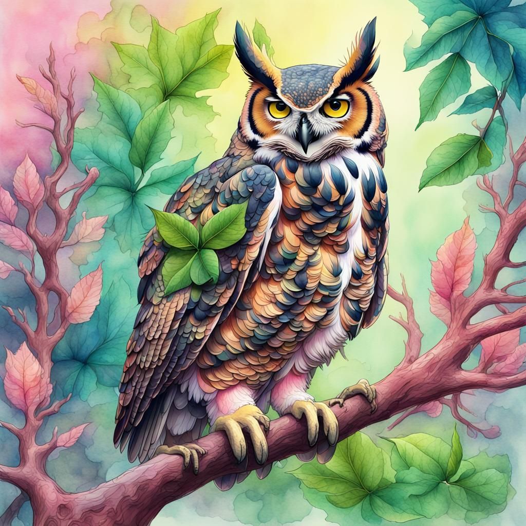 Great Horned Owl Watercolor Painting with Vibrant Colors