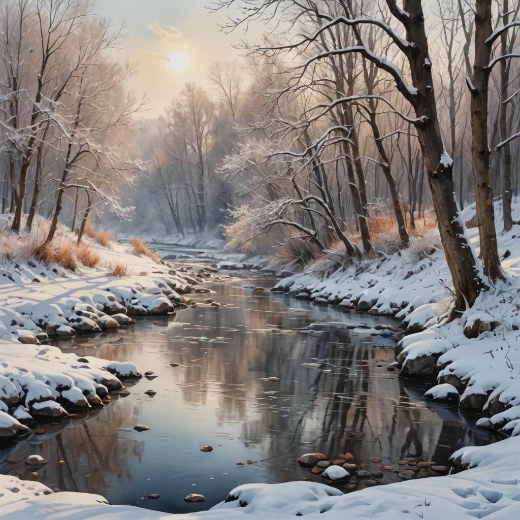 Winter River Landscape in Watercolor Oil Painting Style