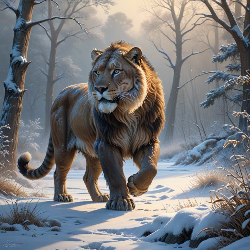 Peinture à l'huile réaliste. Beautiful Smilodon populator with longs theeves  in the snow