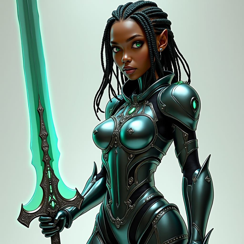 Futuristic Black Woman Warrior with Spectral Sword