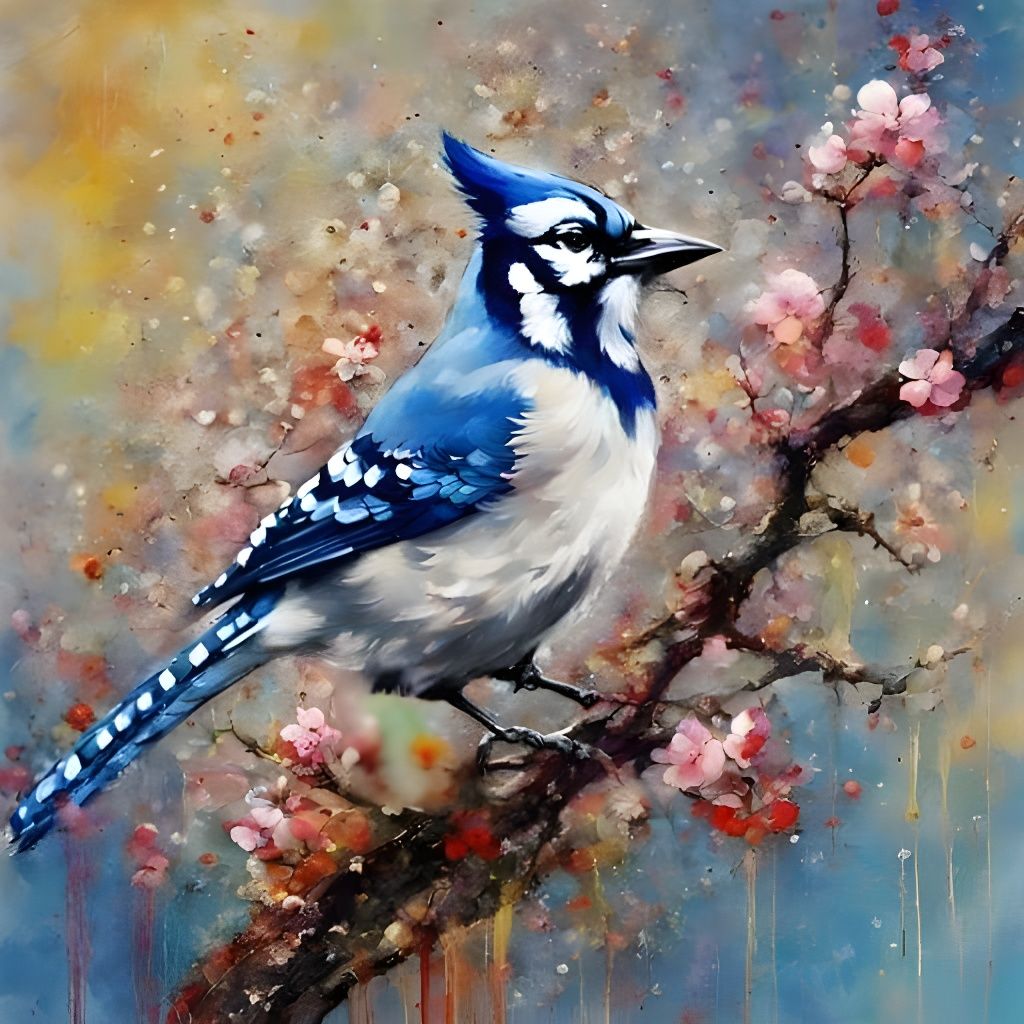 Bluejay and Cherry Blossoms in Splash Art Style