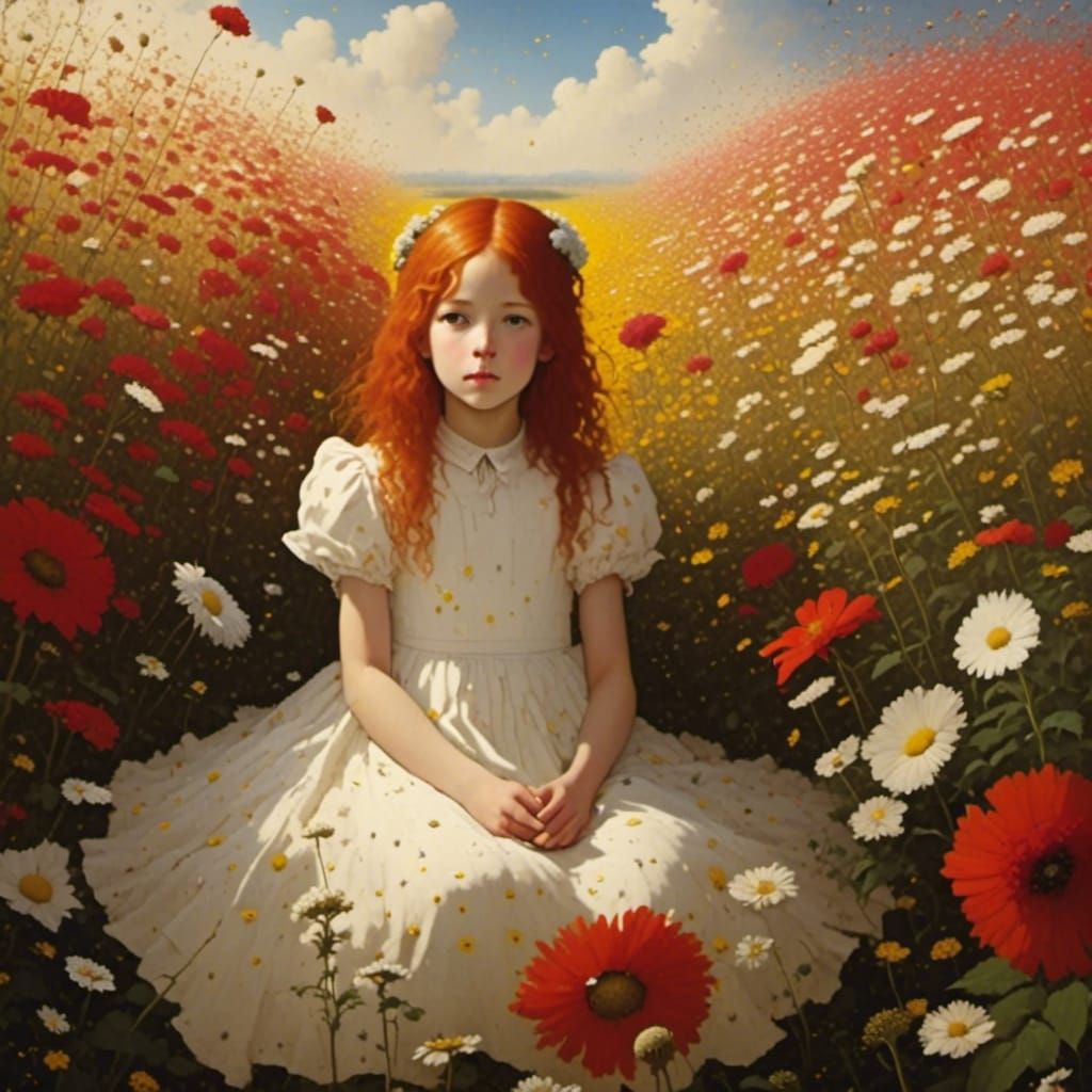 Anime Girl in Flower Field at Golden Hour