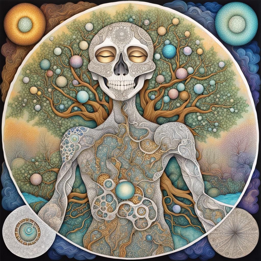 Surreal Rivertree with Fractal Flora and Zodiac Symbols