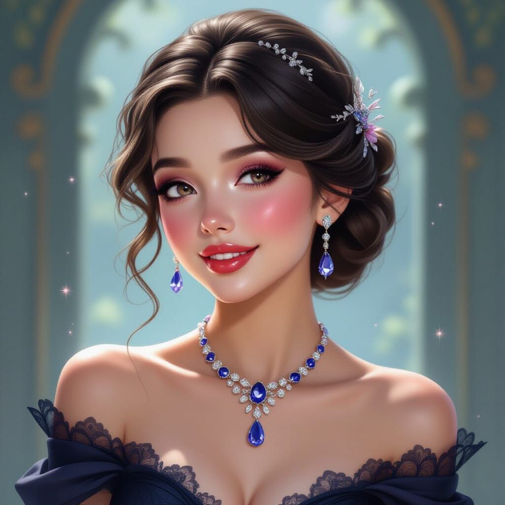 Elegant Woman with Updo Hairstyle and Tanzanite Necklace