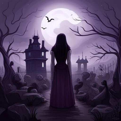 Gothic Woman in Purple Dusk: A Horror Art Image