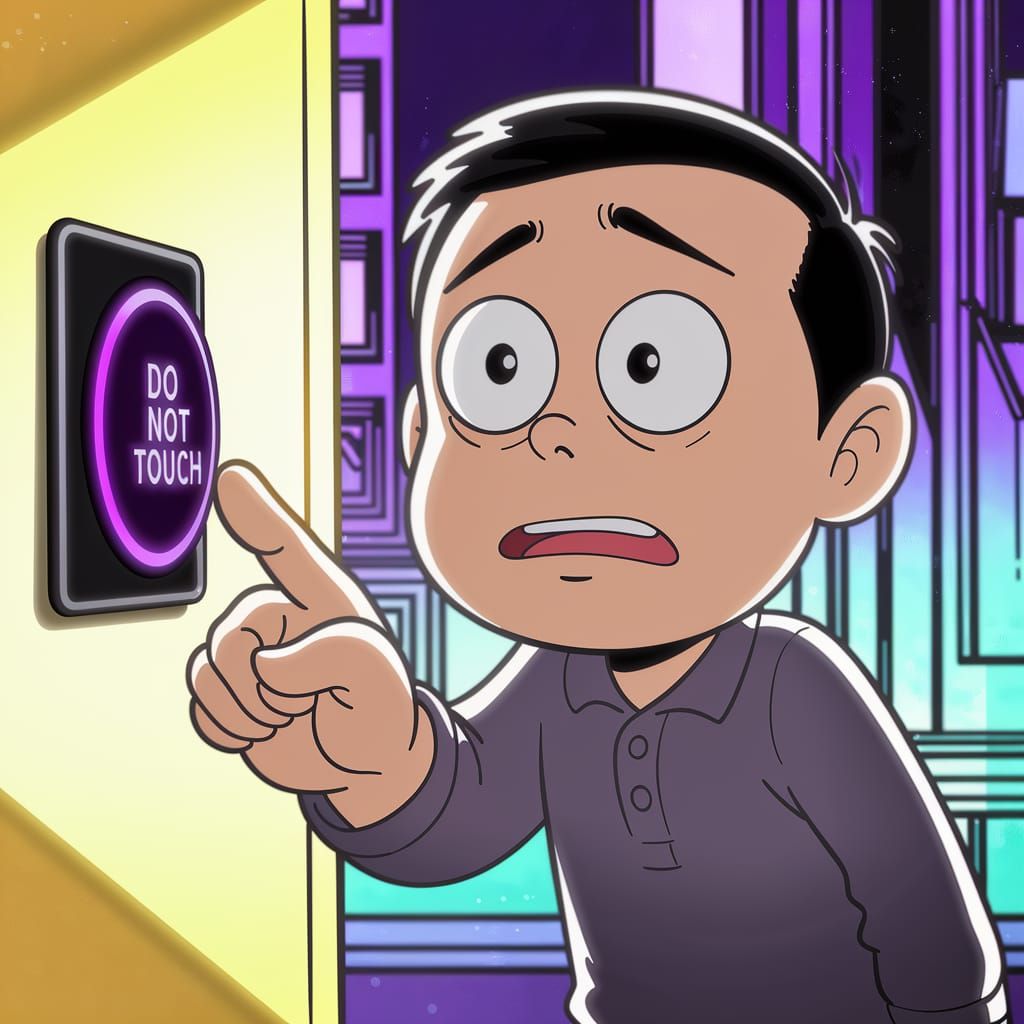 Cartoon Character in Dilemma, Cityscape Background