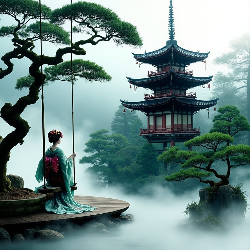 Geisha in Serene Japanese Garden Scene