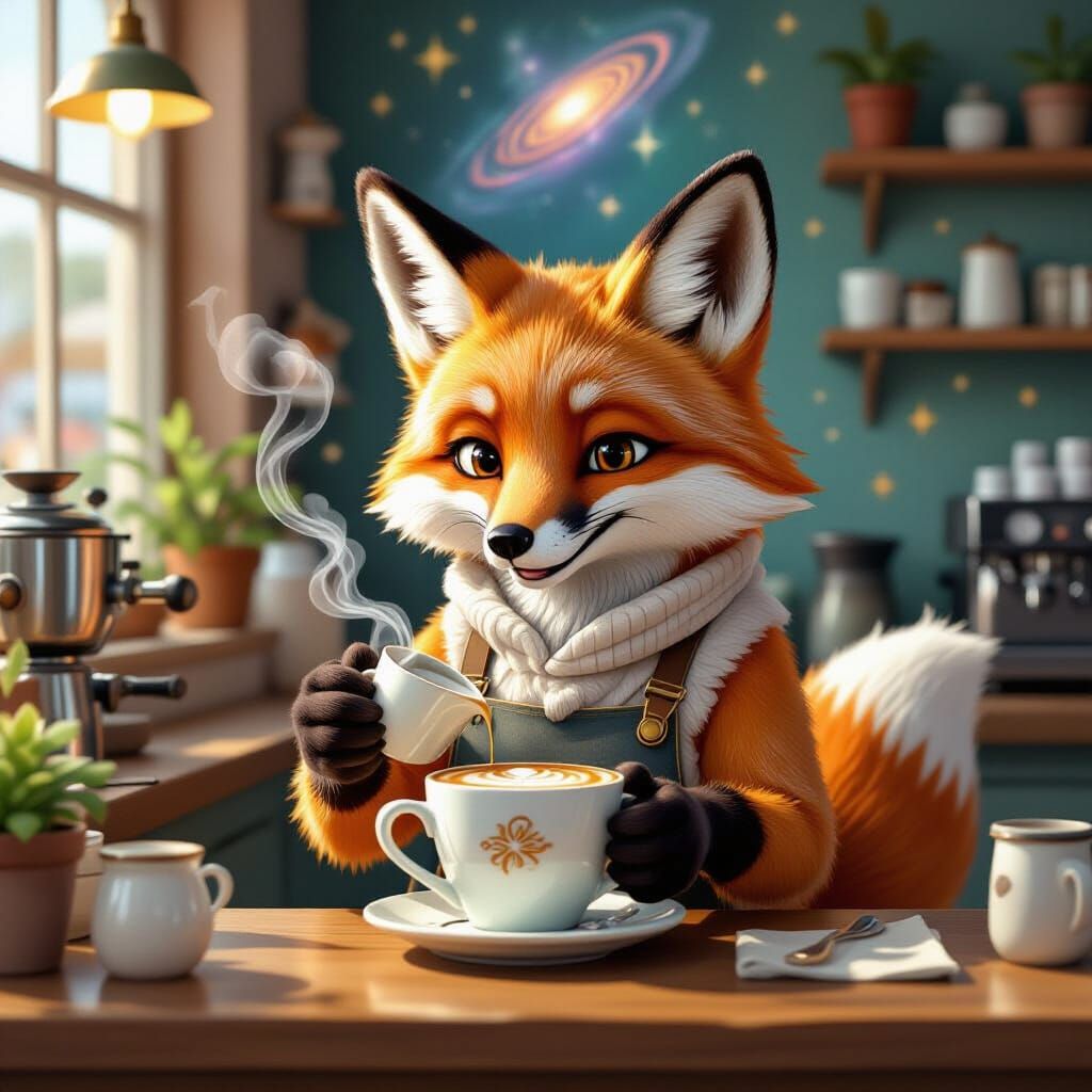 Fox Barista Pours Galaxy Latte Art in Cozy Cafe