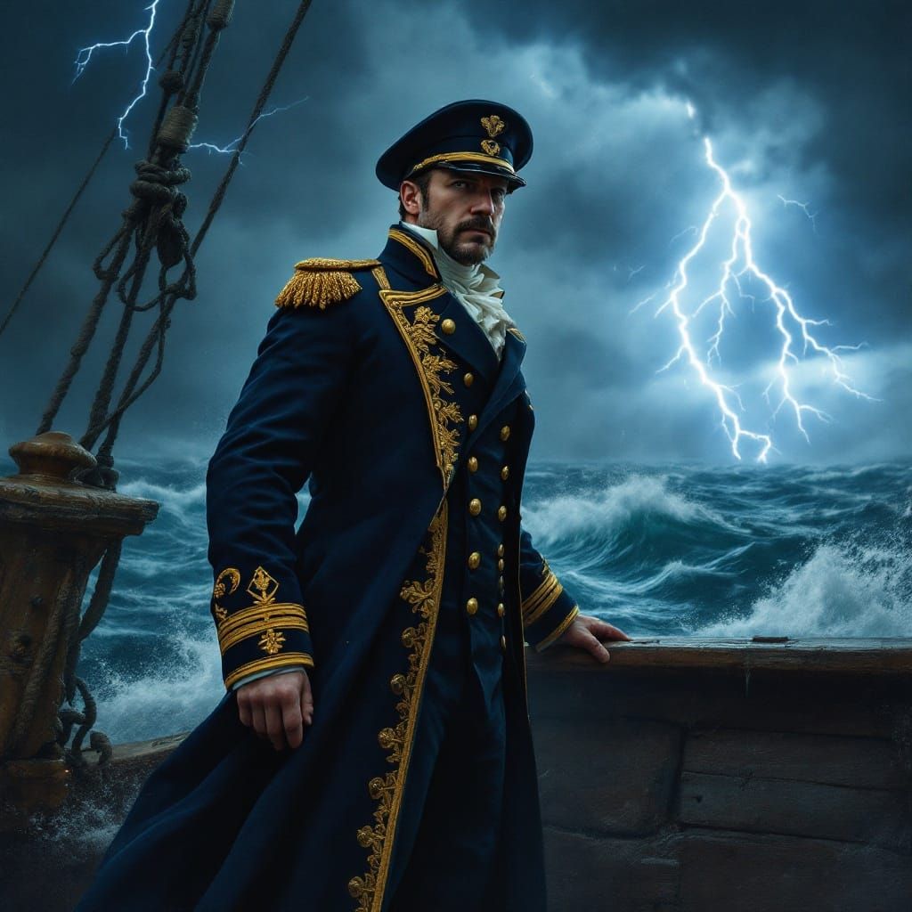 19th-Century Naval Officer Amidst Turbulent Storm