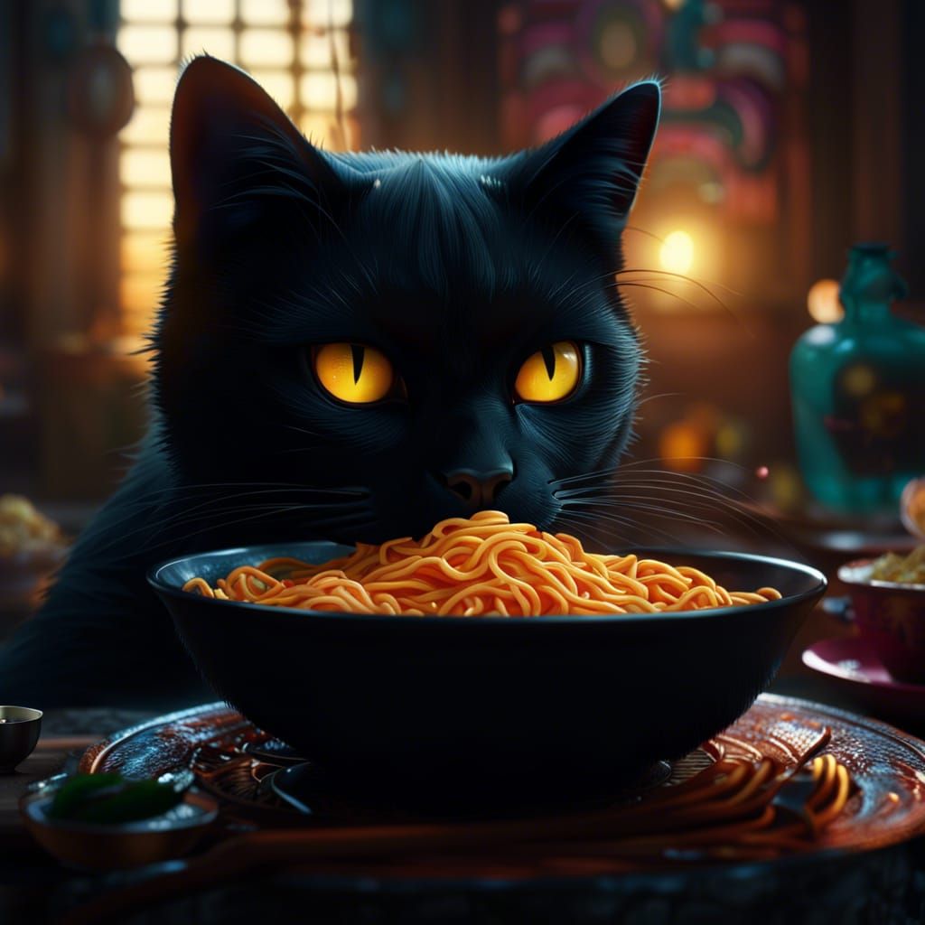 Black Cat Mesmerized by Ramen: Detailed Fantasy Art