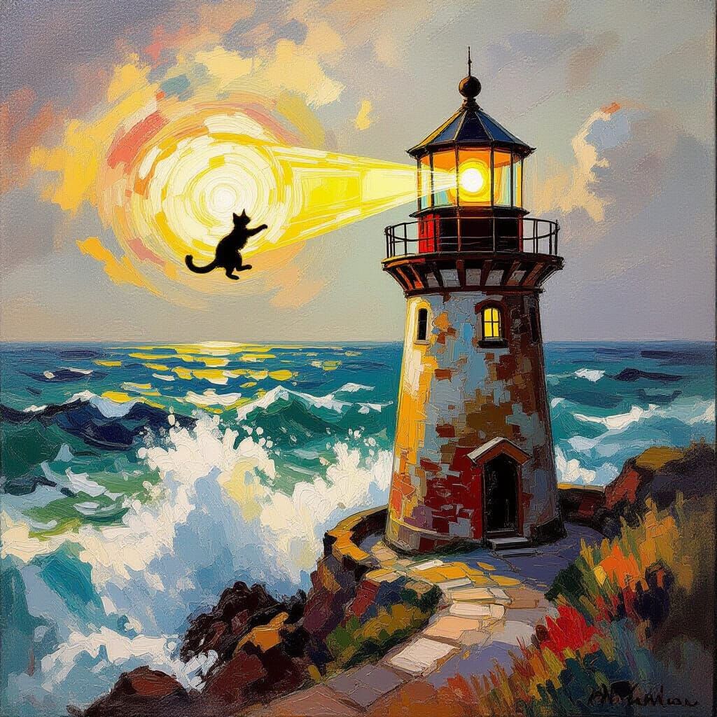 Cat Chasing Lighthouse Beam: Impressionist Oil Painting