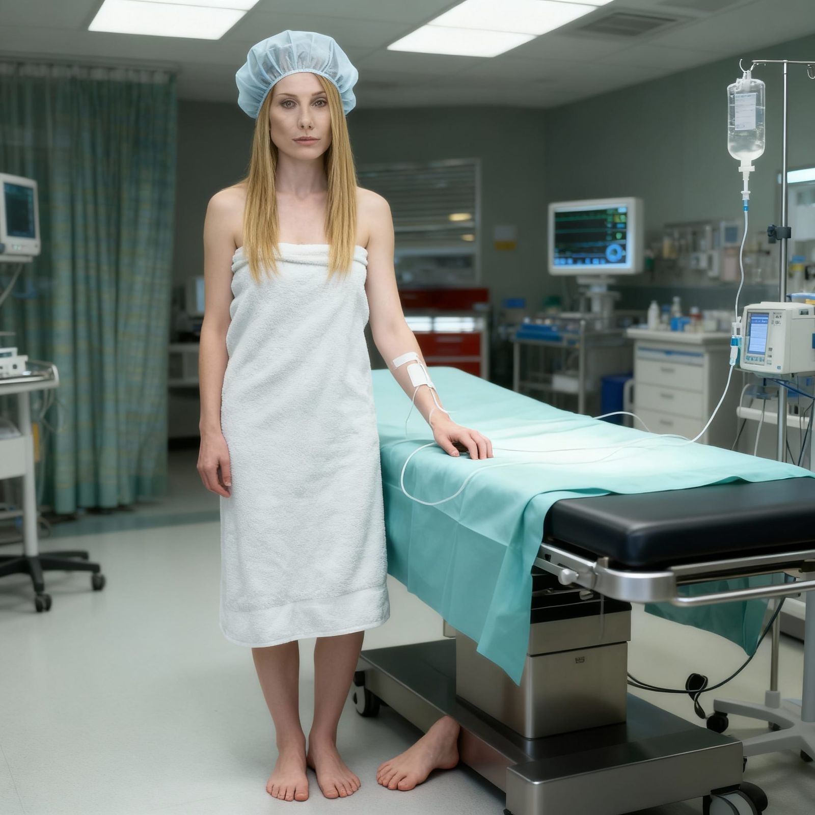 Woman Preparing for Surgery in Hospital Gown
