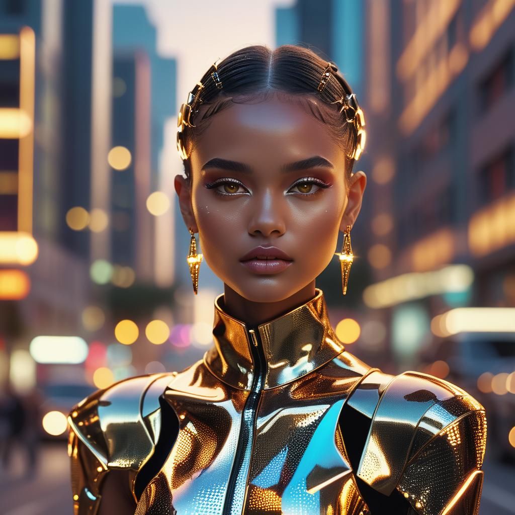 Glamorous AI Model in Futuristic Cityscape at Dusk