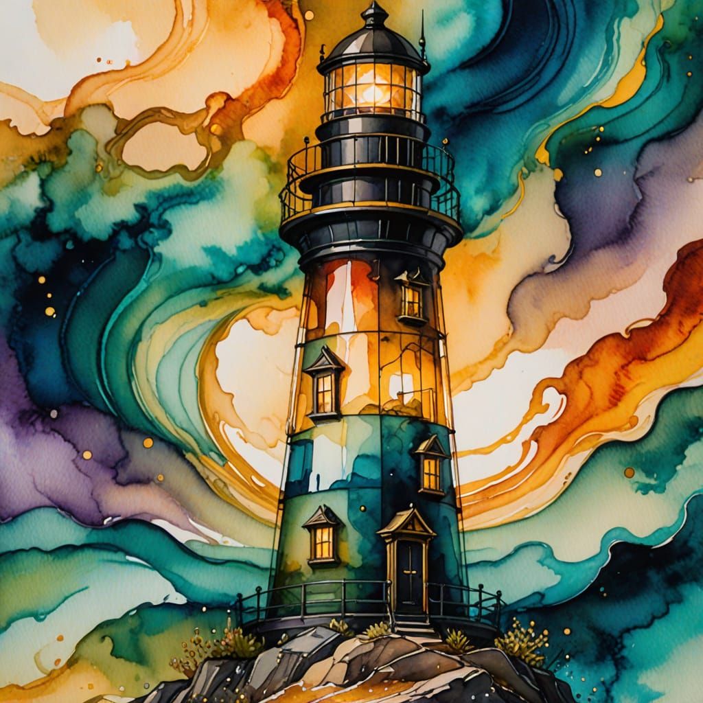 Watercolor Lighthouse in Alcohol Ink Glass