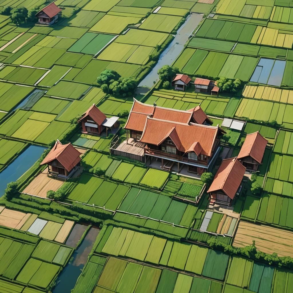 Countryside House in Rice Fields: Oil Painting