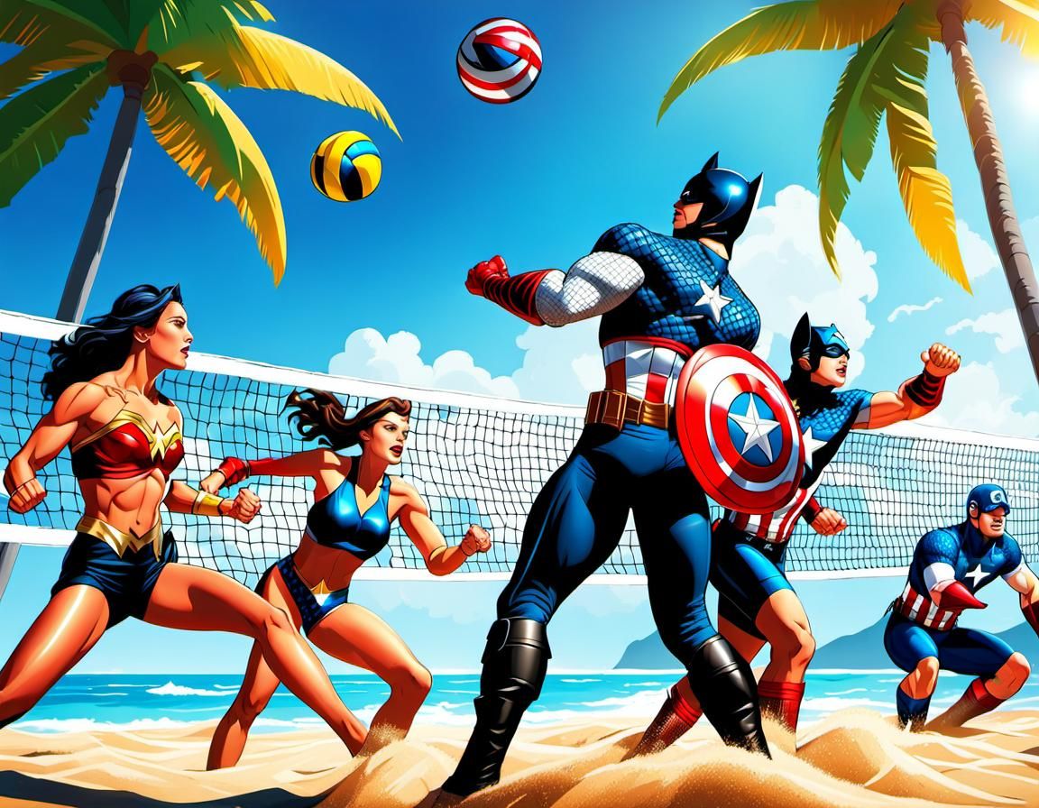 Superheroes Play Beach Volleyball on Paradise Island