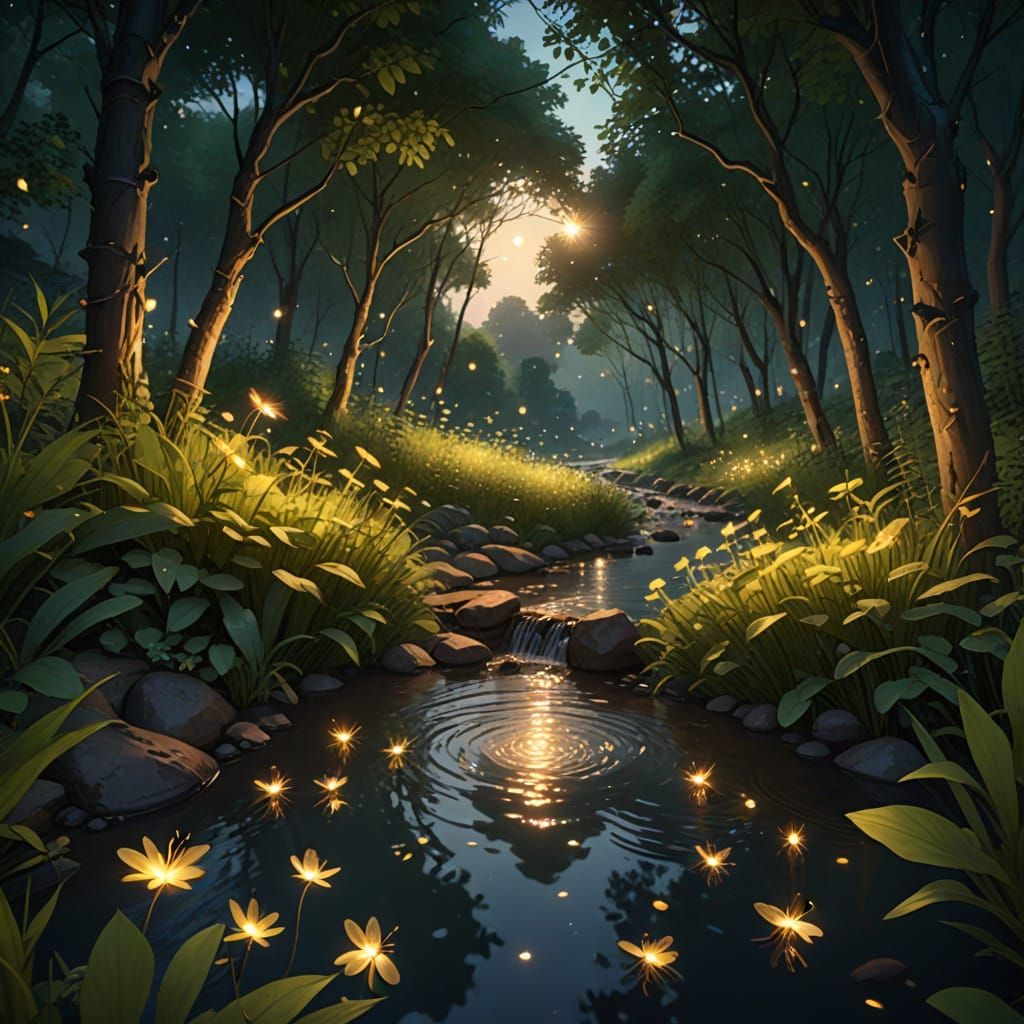 Fireflies dancing over a stream on a shady woodland summer evening golden hour