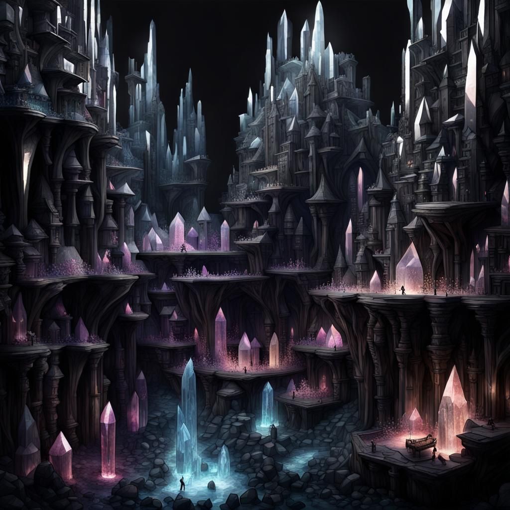 Dark Subterranean Fantasy City Made of Crystals