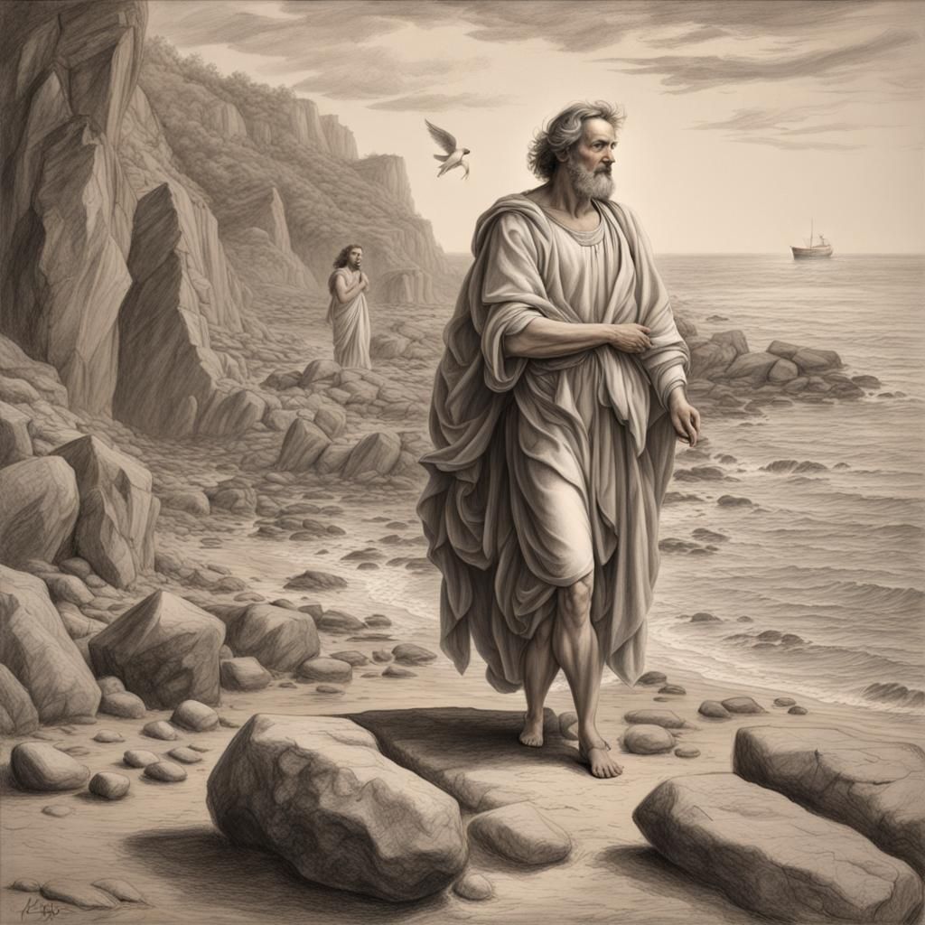 Apostle John and Angel on Rocky Beach