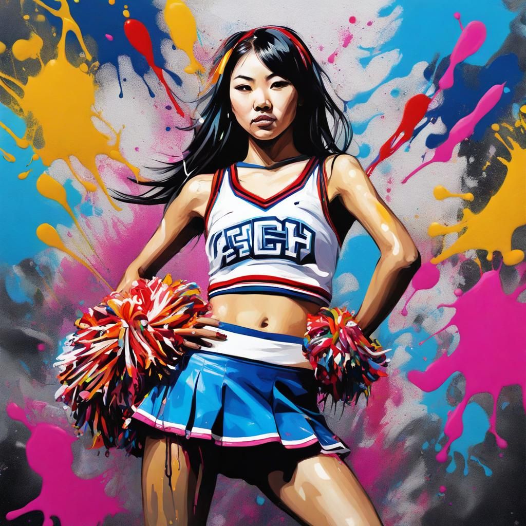 Asian American Cheerleader in Graffiti Splash Art