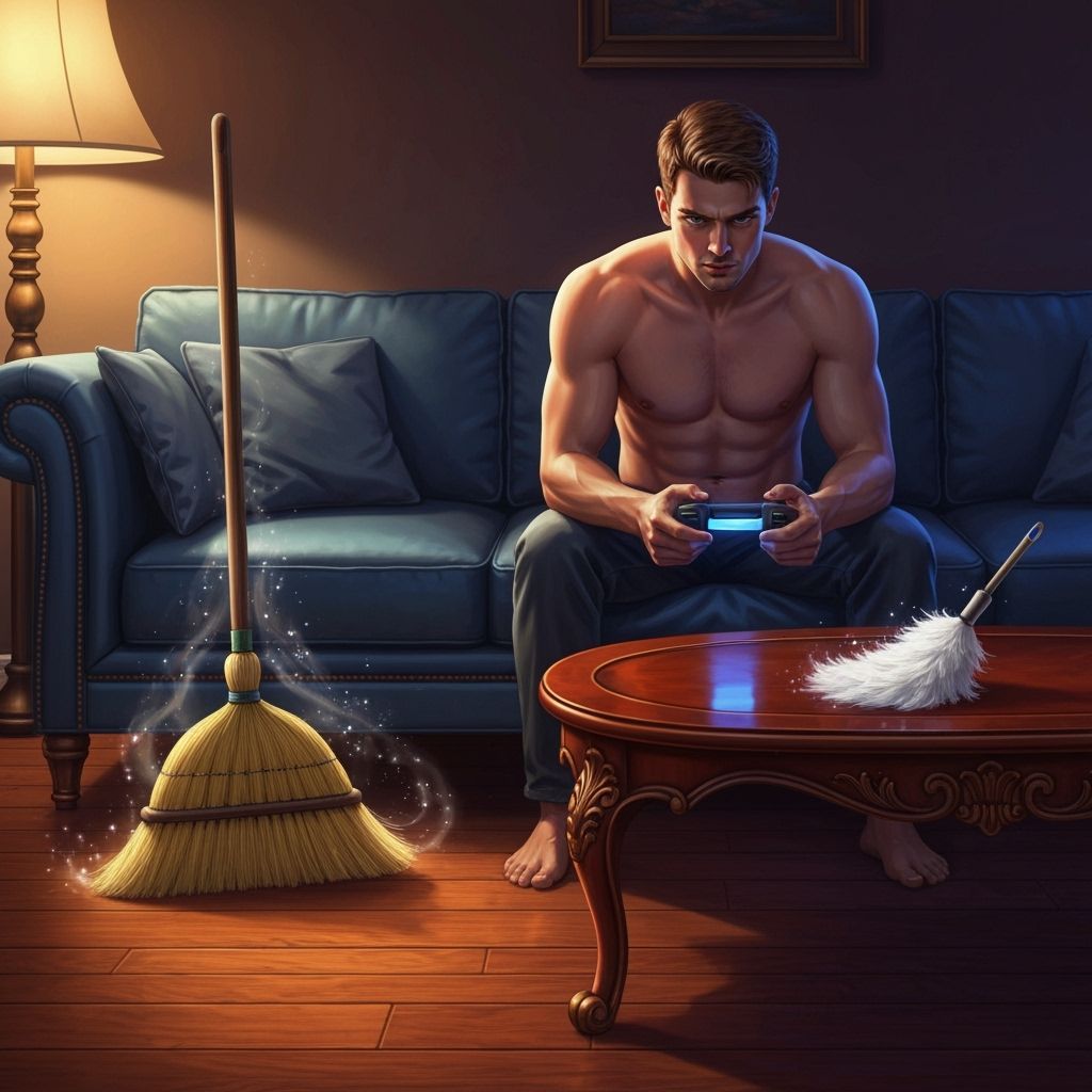 Man Gaming While Broom Sweeps and Duster Cleans