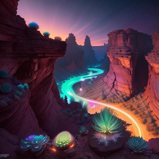 Bioluminescent Crystal Canyon at Sunset: Fantasycore Illustr...