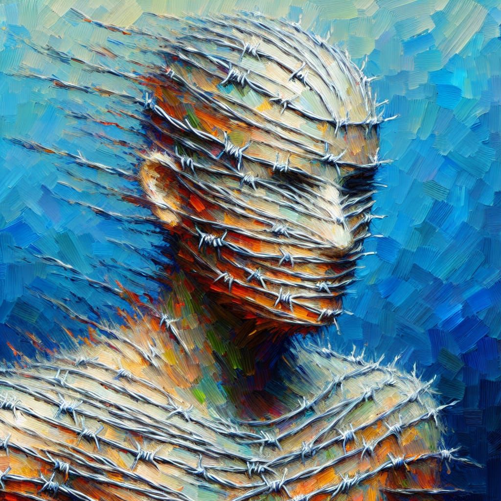 Impressionist Oil Painting of Invisible Barbed Wire Figure