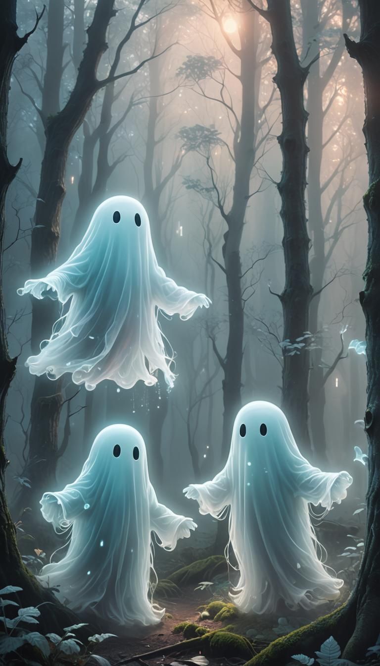 Cute Ghosts in a Misty Forest: Whimsical Digital Art