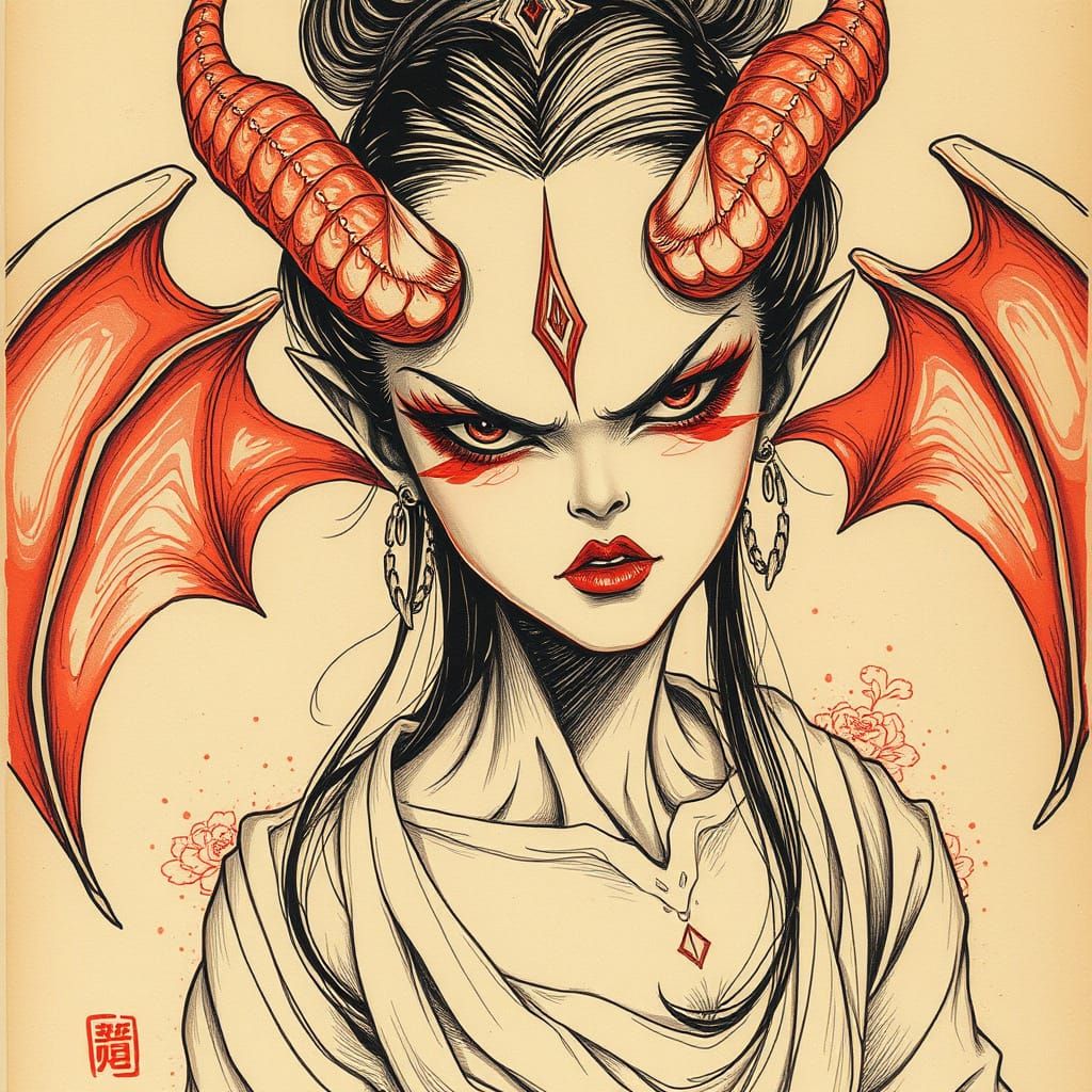 Asian Woman Demon Drawn in Red-Brown Ink