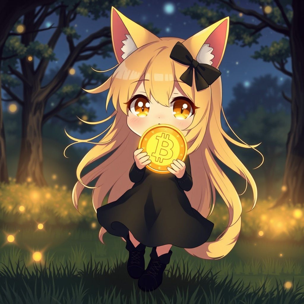 Anime Catgirl Holds Bitcoin in Synthwave Style
