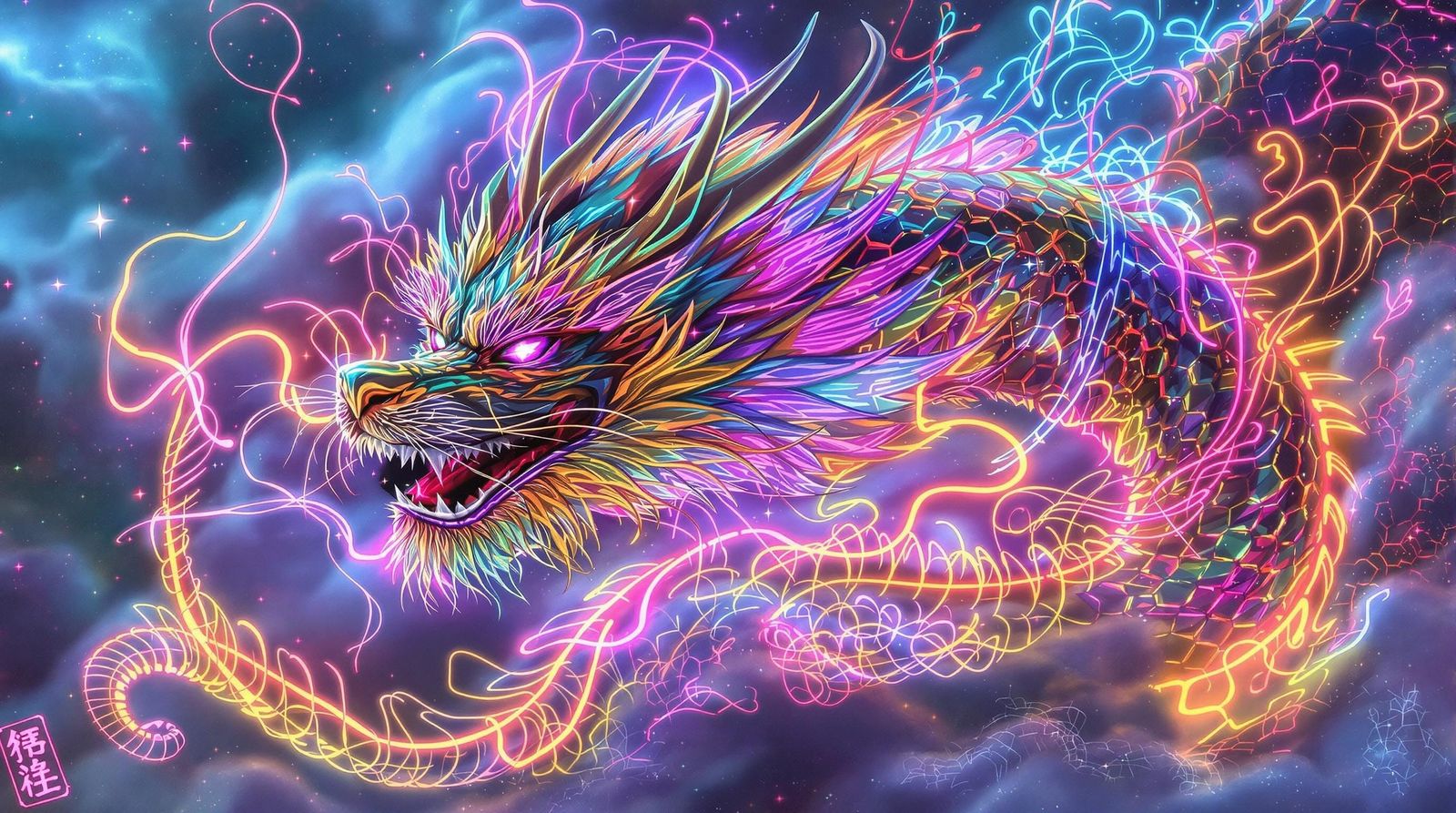 Majestic Chinese Dragon Emerge in Vibrant Neon Cosmic Landsc...