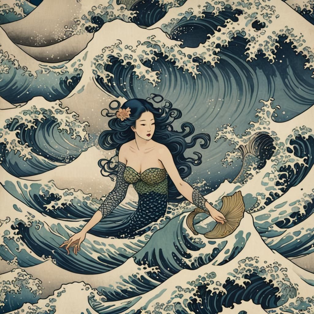 Mermaid Emerges from Great Wave: Hokusai Style