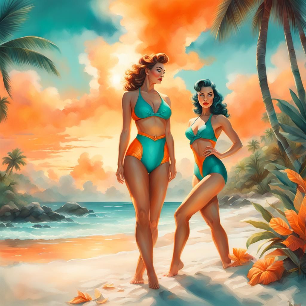 Pinup Girls on Tropical Beach in Vivid Digital Art