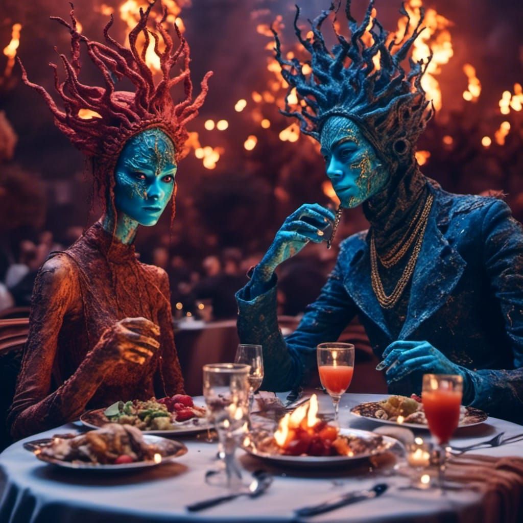 Aliens Fine Dining in a Fancy Restaurant