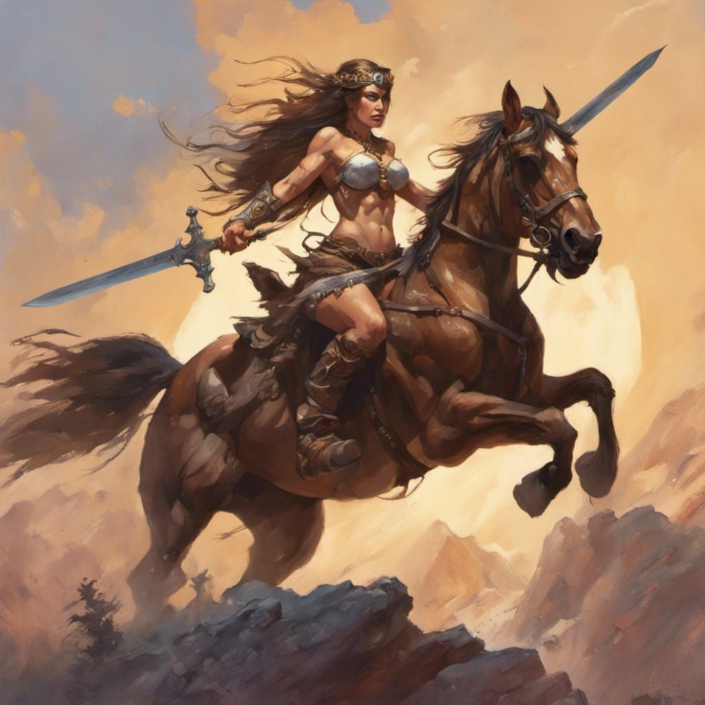 Fierce Barbarian on Horseback in Frazetta Style