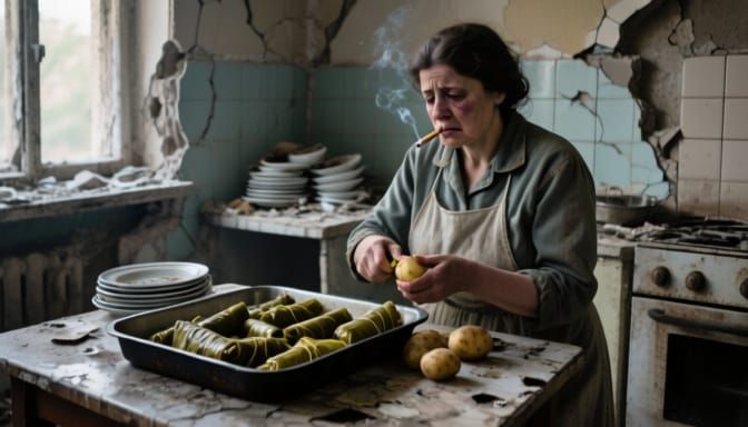 Bosnian Woman in War Kitchen with Sarma and Potato