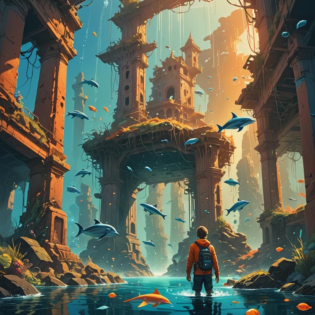 Underwater Boy with Dolphins: Fantasy Concept Art