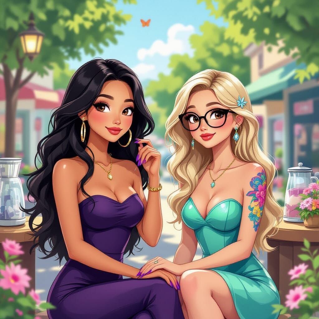 Animated Asian Woman with Blonde Friend, Miyazaki Style