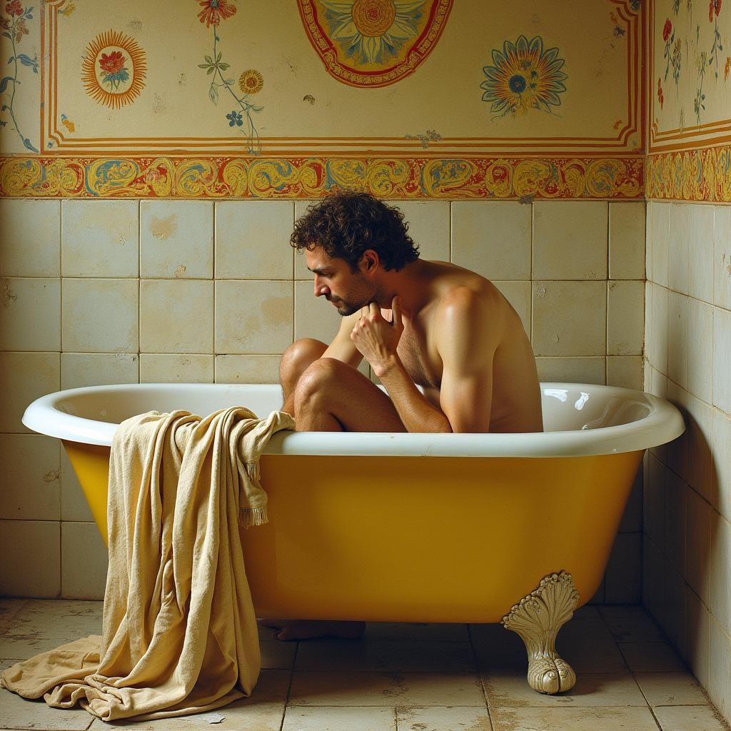 Man in Bathtub: Symbolist Art in Klimt Style