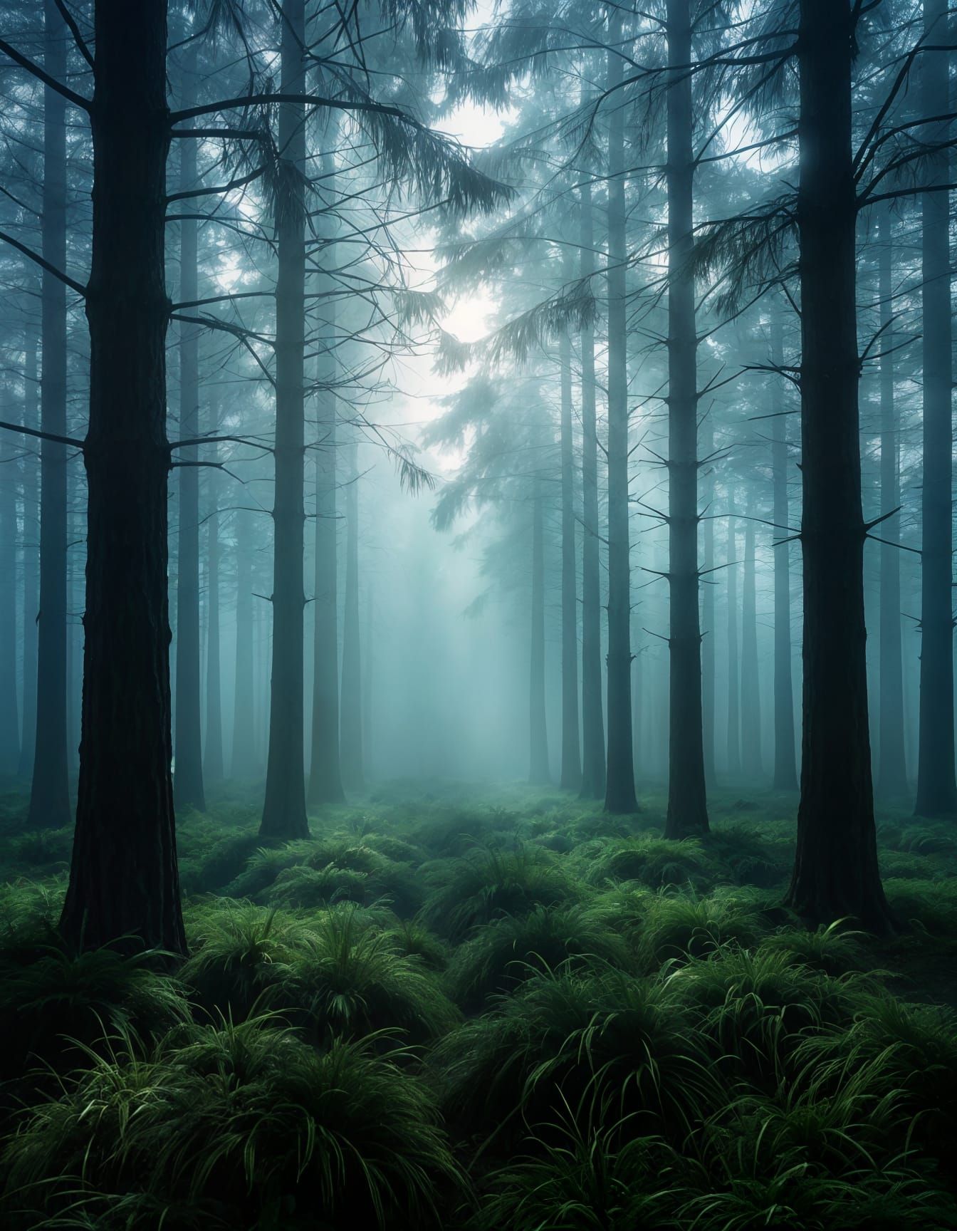 Misty Pine Forest with Sunbeams